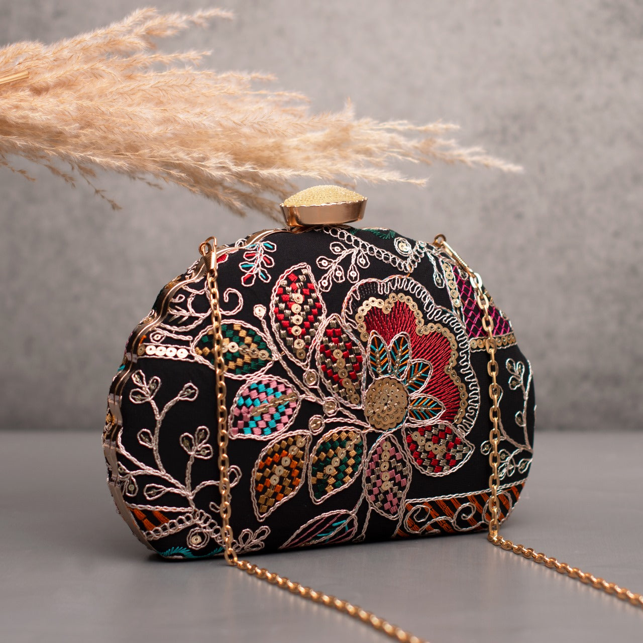 D-shaped Embroidered clutch