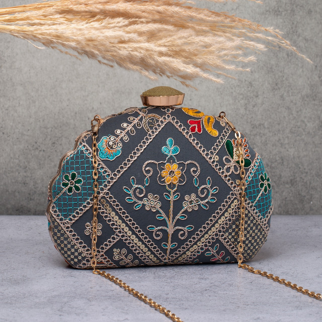 D-shaped Embroidered clutch