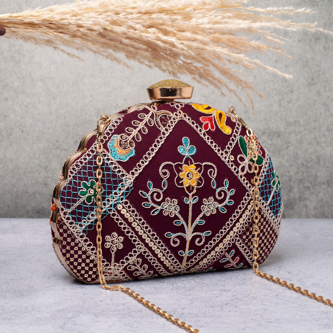 D-shaped Embroidered clutch