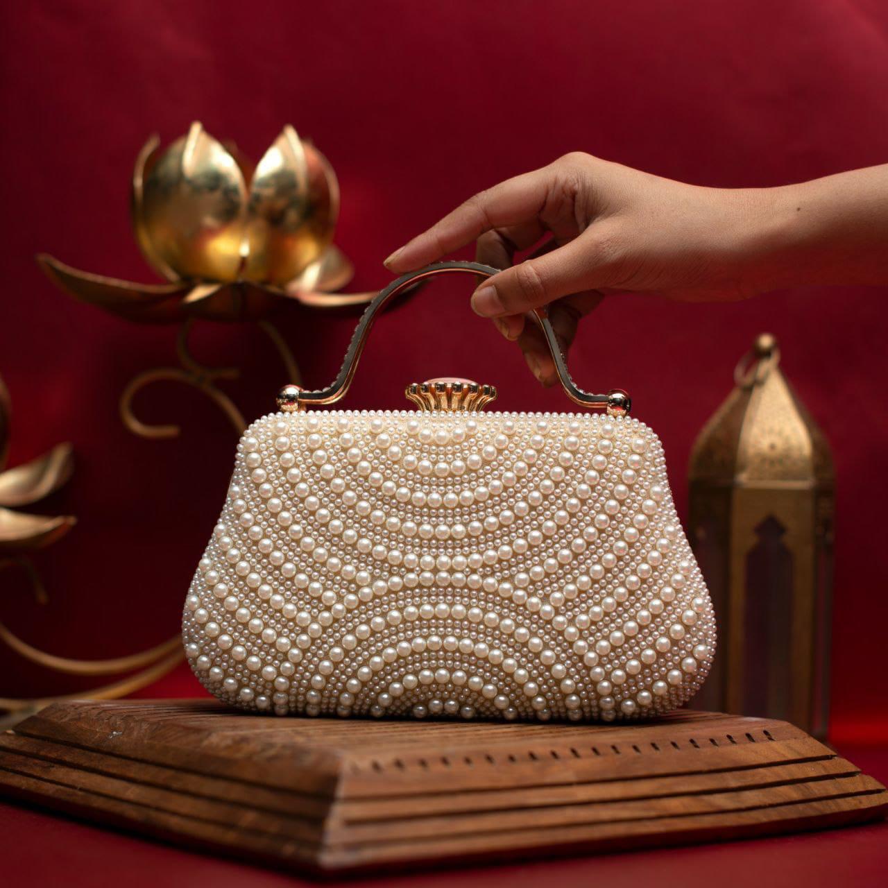White Pearl Embellish Evening Clutch Bag