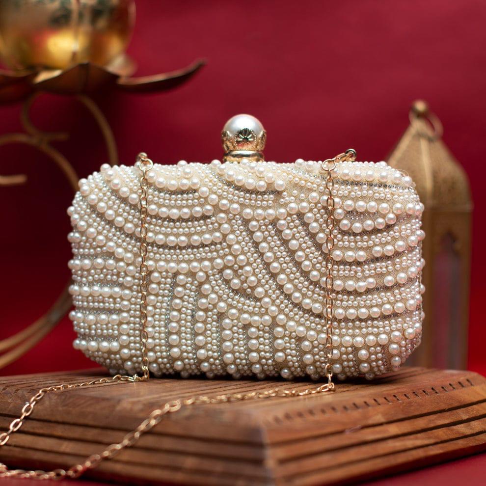 White Pearl Embellish Evening Clutch Bag