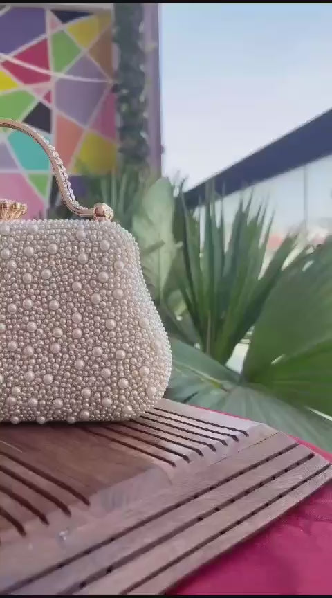 White Pearl Embellish Evening Clutch Bag