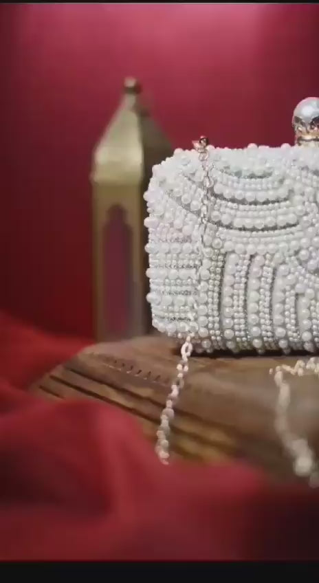 White Pearl Embellish Evening Clutch Bag
